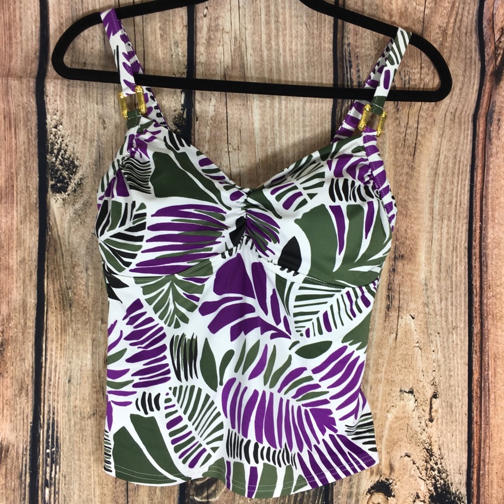 Lands' End White Purple and Green Tropical Tankini Top